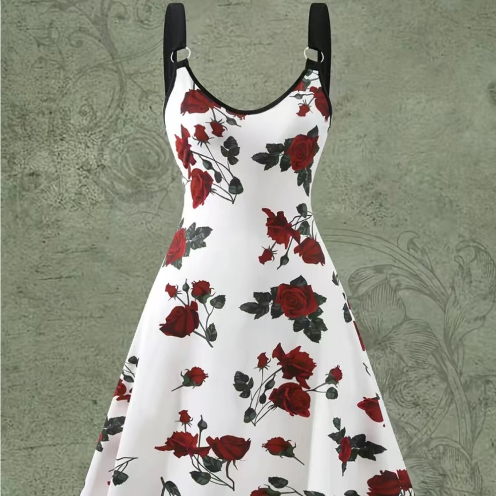 Vintage Floral Print Dress, Elegant Ring Linked V Neck Dress,